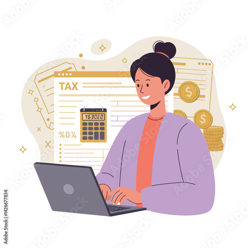 Woman calculating tax using laptop and calculator with financial documents and coins illustration 