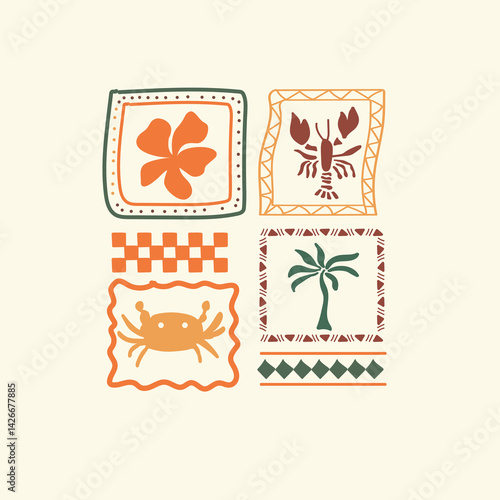 Tropical lobster flower palm tree elements vector graphic