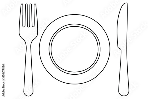Continuous one line drawing of knife, plate, spoon and fork outline Vector Illustration