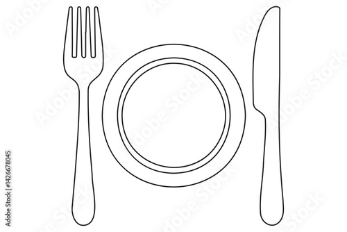 Continuous one line drawing of knife, plate, spoon and fork outline Vector Illustration