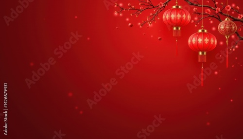 warm lunar new year celebration featuring red lanterns in the top corner on a crimson red background, in a cozy festive style, with soft amber warmth, open layout, high resolution