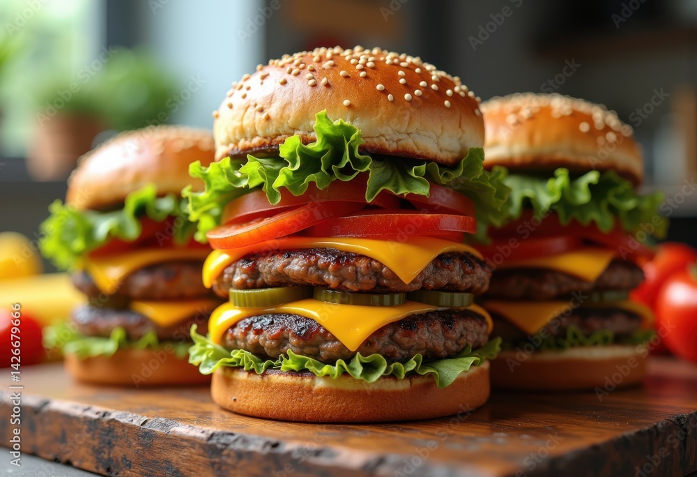 boldly stacked fast food burgers colorful vegetables bold colors mouthwatering arrangement, beef, lettuce, tomato, bun, onion, pickle, sauce, grill, diner boldly stacked fast food burgers colorful vegetables bold colors mouthwatering arrangement, beef, lettuce, tomato, bun, onion, pickle, sauce, grill, diner