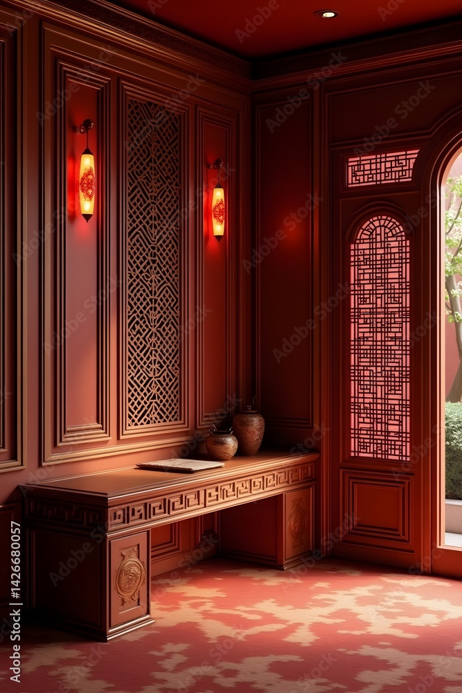 Chinese-style interior with red and gold details and latticework.