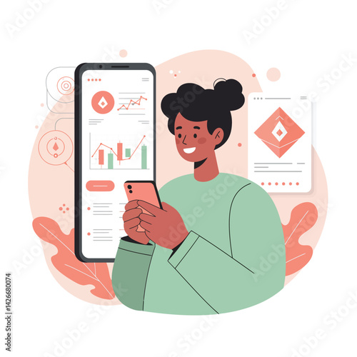Woman analyzing data on smartphone with charts and graphs in mobile app interface vector illustration 