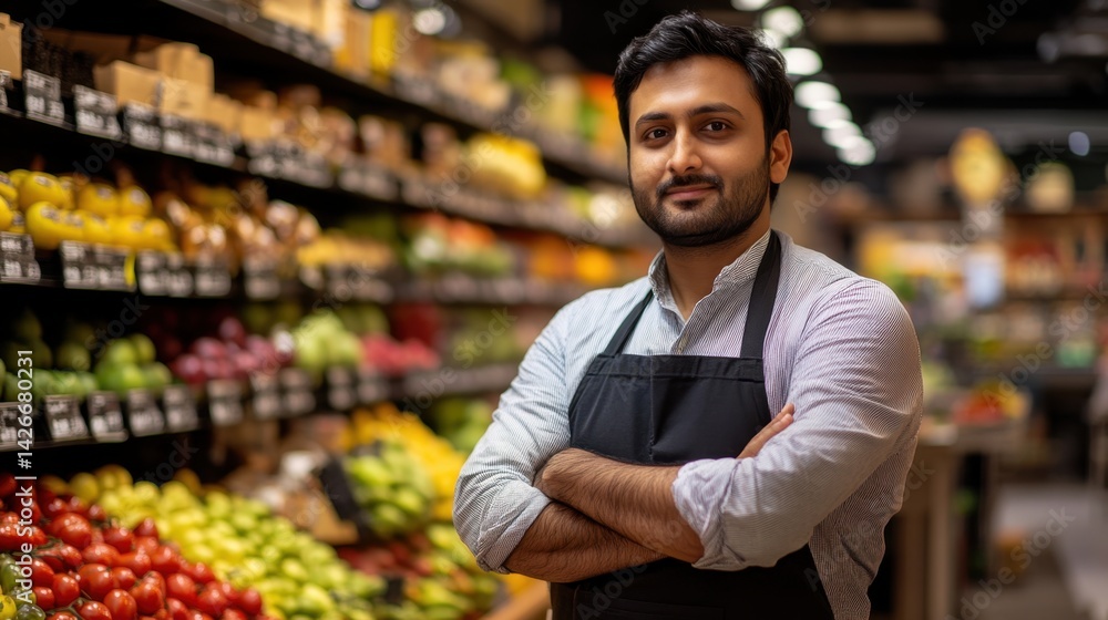 Fototapeta premium Handsome Indian male salesman proudly stands in a grocery store with arms crossed, showcasing vibrant fruit displays behind him