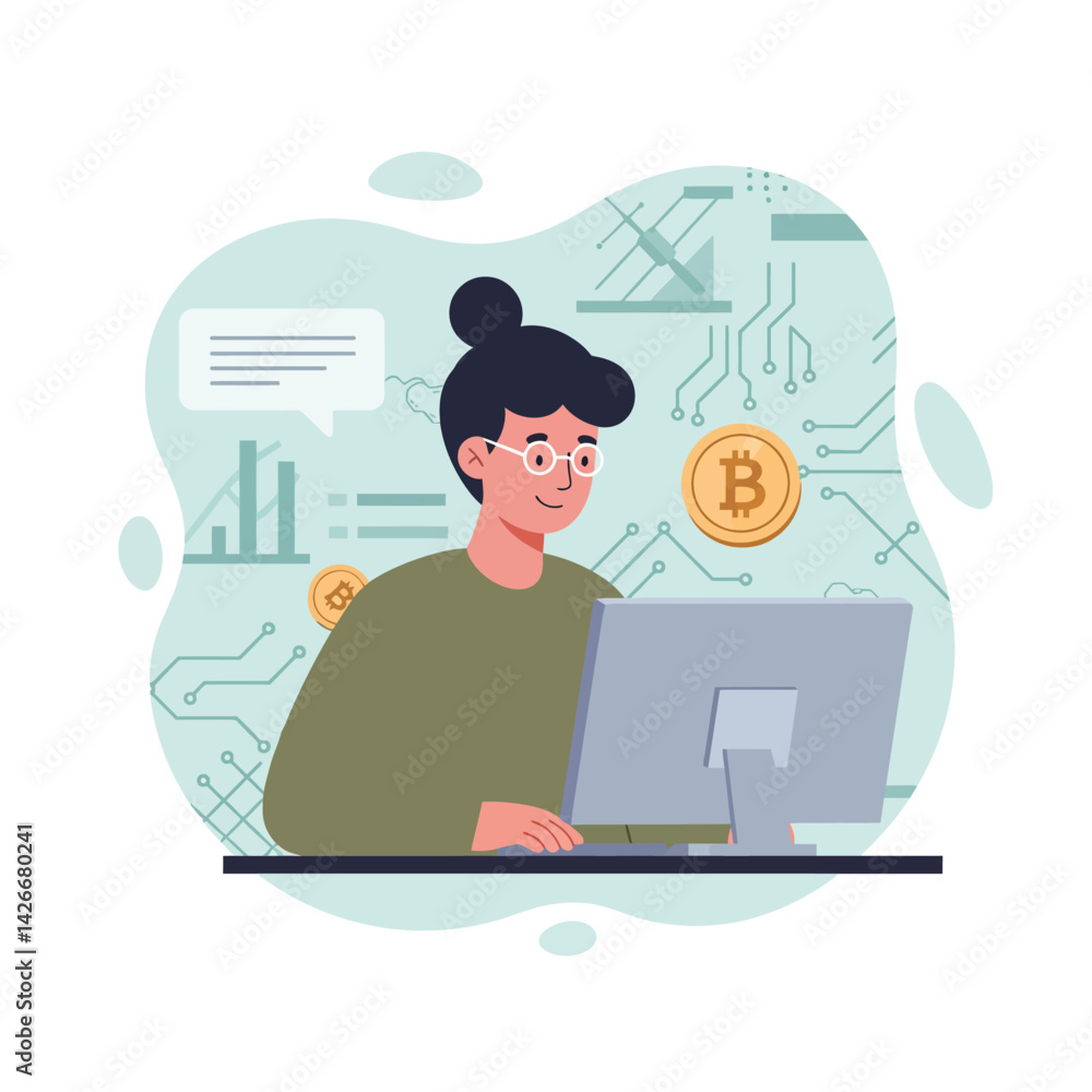 Woman using computer with cryptocurrency bitcoin icons digital technology and data analysis vector illustration Woman using computer with cryptocurrency bitcoin icons digital technology and data analysis vector illustration