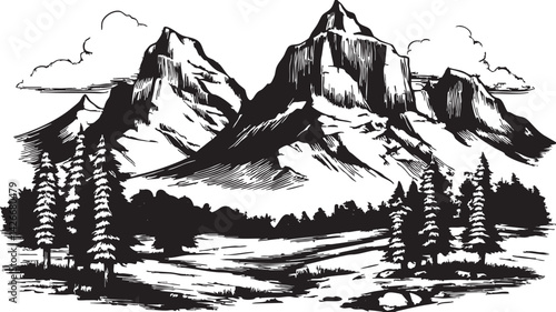 Hand-drawn landscape featuring majestic mountains towering over a tranquil coniferous forest, evoking a sense of wilderness and serenity