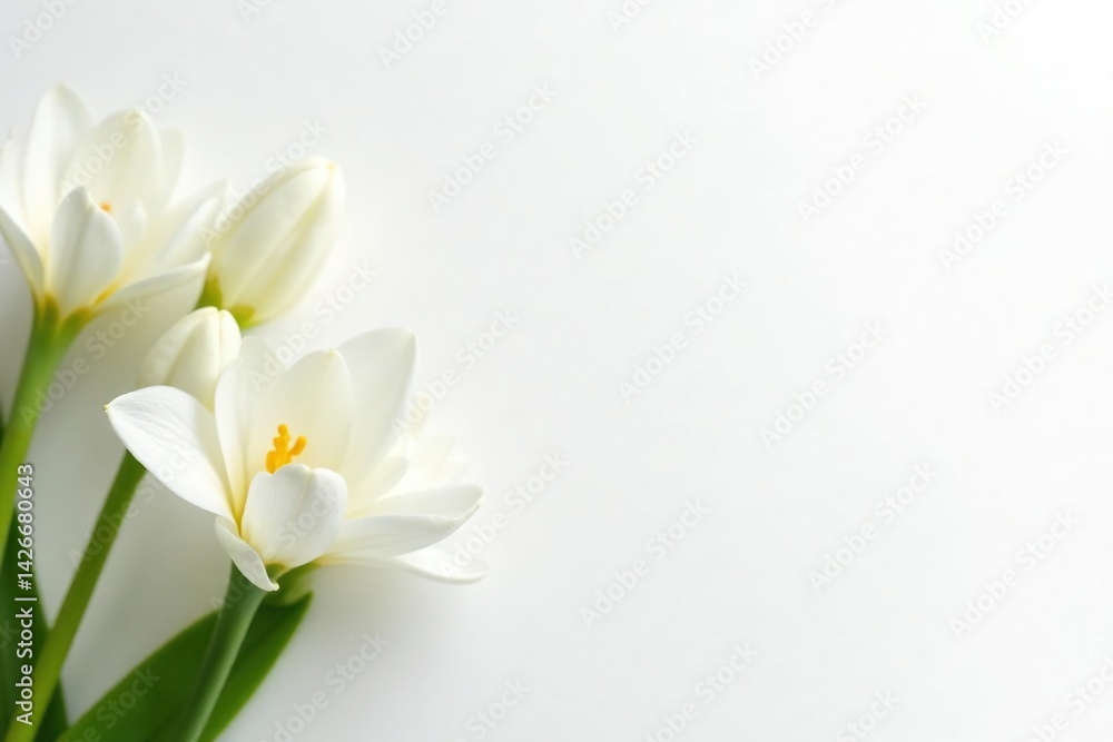 Close-up of pristine white flowers on stark white background, white backdrop, spring Close-up of pristine white flowers on stark white background, white backdrop, spring