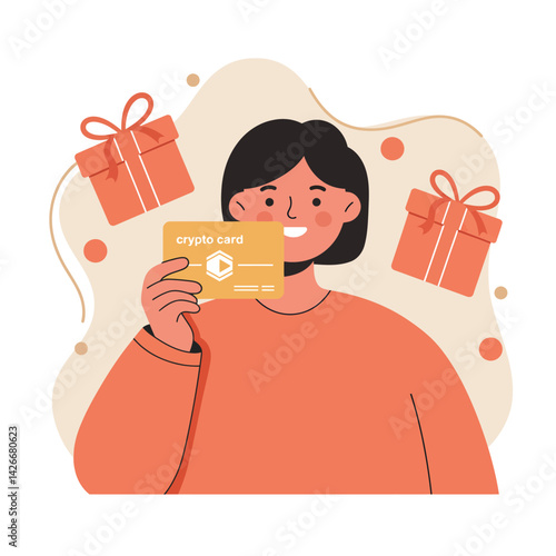 Woman holding crypto card with gift boxes background digital payment concept vector illustration 