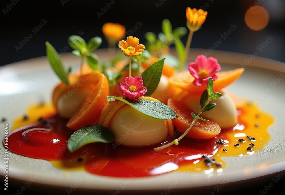 close vibrant gourmet food plating colorful glaze artistry culinary presentation, artistic, dish, texture, chef, ingredient, cuisine, plate, appetizer, entree