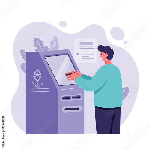 Man using purple ATM machine with credit card for banking transaction vector illustration 