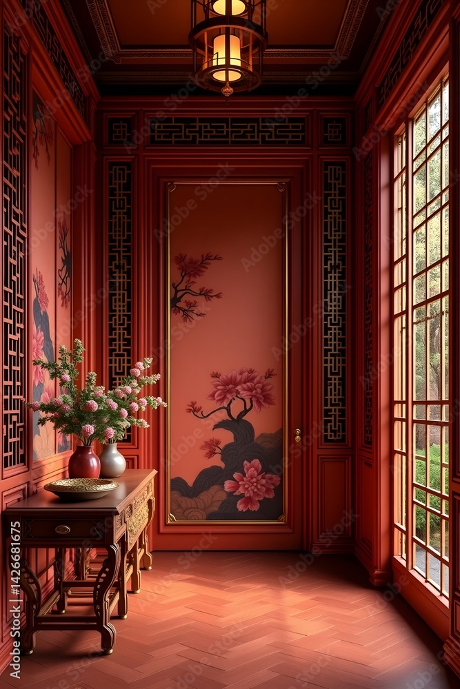 Chinese-style interior with red and gold details and latticework.
