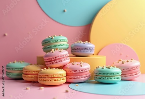 Obraz na płótnie colorful arranged macarons geometric backdrop dessert display bright attractive composition, rainbow, lgbtq, lgbt, pride, love, equality, sweets, treats w salonie
