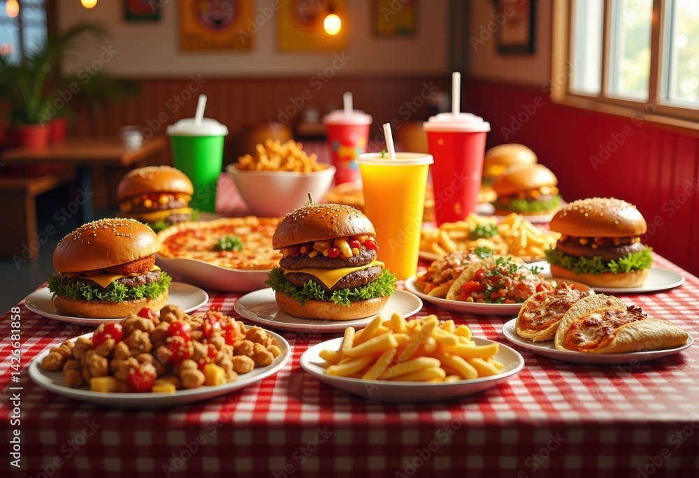 colorful array fast food table spreads delicious variety burgers fries pizza tacos drinks fast casual dining, meal, appetizer, snack, restaurant, cuisine, feast