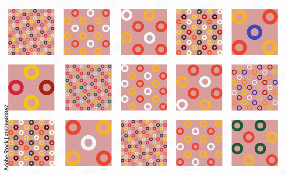 Fototapeta premium Bright and festive seamless patterns with colorful circles and rings, perfect for Christmas, New Year, and Xmas decor. Ideal for holiday wallpapers, seasonal textiles, and cheerful background designs.