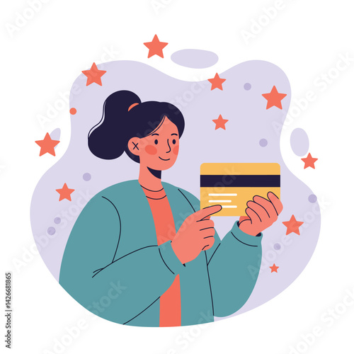 Woman holding credit card with stars background in modern vector illustration style for financial concept and online shopping ideas 