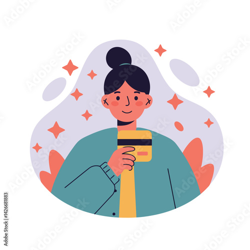 Woman holding credit card in teal jacket with black hair and orange stars vector illustration 