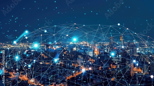 Smart city and intelligent communication network of things ,wireless connection technologies ,Digital world map with connection lines against night cityscape background
