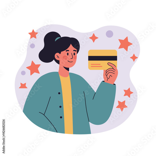 Woman holding credit card with stars around in casual jacket and ponytail hairstyle vector illustration 