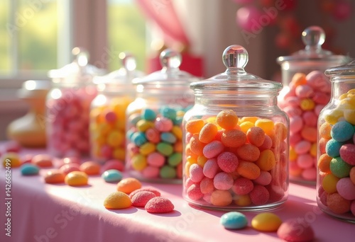 colorful assorted candy jars bright table rainbow treats sweets candyland delight sweet tooth inviting appetizing vibrant display, lgbtq, lgbt, pride, love