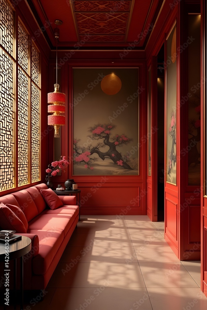 Chinese-style interior with red and gold details and latticework.