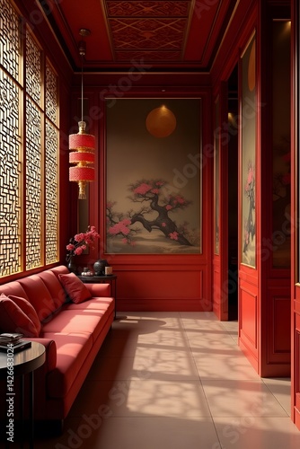 Obraz na płótnie Chinese-style interior with red and gold details and latticework. w salonie