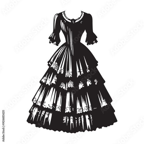 Classic Edwardian Dress silhouette, high waist and full sleeves – Edwardian Dress illustration – Minimalist Edwardian Dress vector – Ladies dress silhouette

