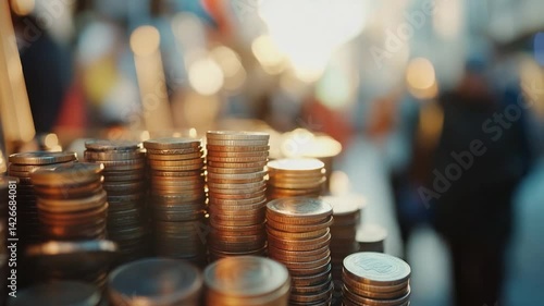 Stacks of coins in a bustling market street during sunset