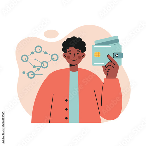 Young person holding credit card with digital network connection concept for online payment security and technology vector illustration 