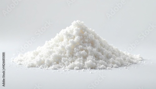 Luminous mound of caster sugar against bright white backdrop, candy, shiny, texture