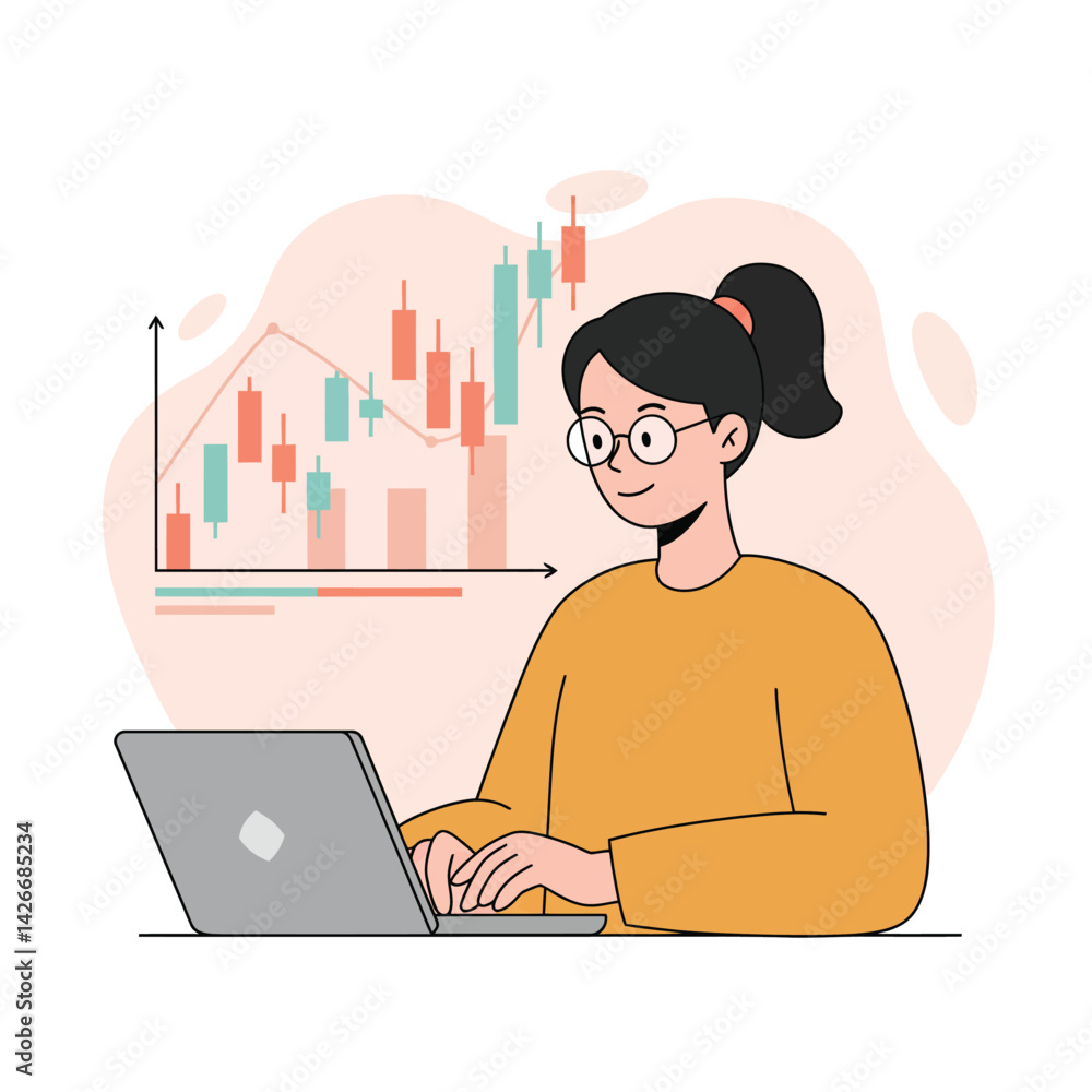 Woman analyzing stock market data on laptop with rising graph and candlestick chart in modern flat design vector illustration Woman analyzing stock market data on laptop with rising graph and candlestick chart in modern flat design vector illustration