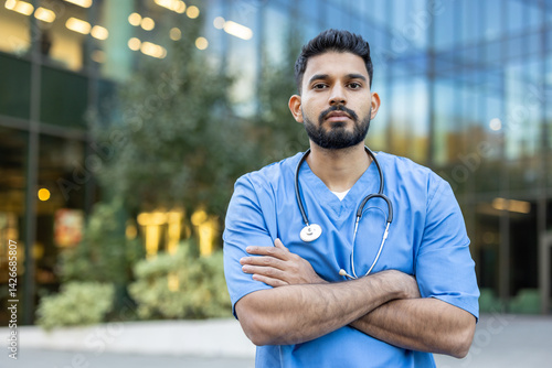 A healthcare professional stands outside, arms crossed, and is wearing scrubs and a stethoscope around his neck. The medical worker appears confident.