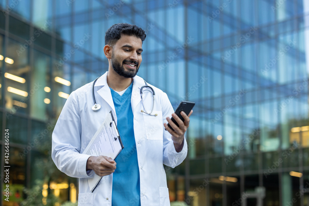 A smiling doctor in a white coat checks his phone while holding a clipboard, in front of a modern glass building.