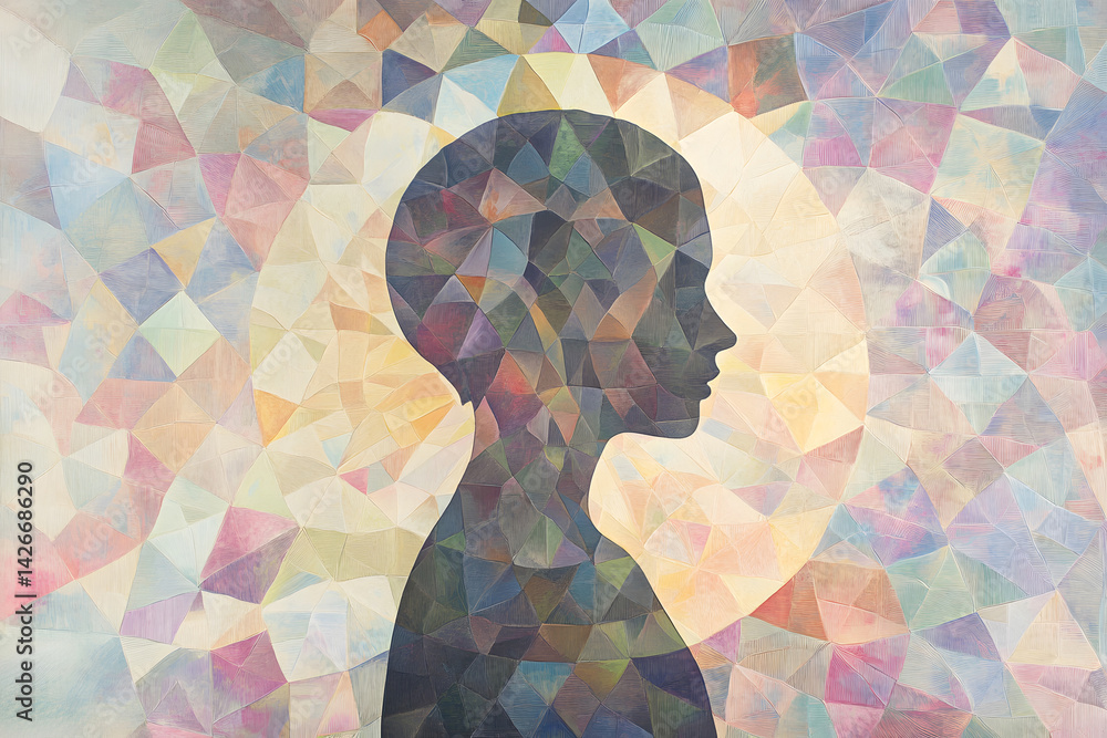 abstract human figure center geometric symmetry, it represents emotional balance, thought and peace of mind through soft pastel color palette in modern design that emphasizes spirituality.