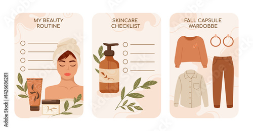 Beauty routine checklist with a woman and skincare products, a skincare checklist with a pump bottle and leaves, and a fall capsule wardrobe with clothing and accessories .Vector illustration