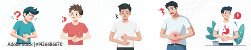 flat design vector collection of a young man with stomachache
