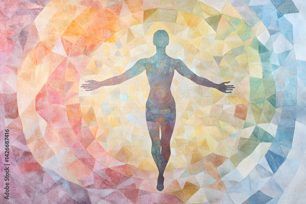 An abstract human figure in center of geometric symmetry, it represents emotional balance, detachment, introspection and inner stillness through soft pastel palette modern, spiritual design.