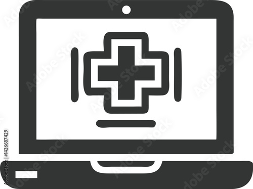 Laptop Featuring Bold Cross Symbol On Screen, Online Medical Sign Icon