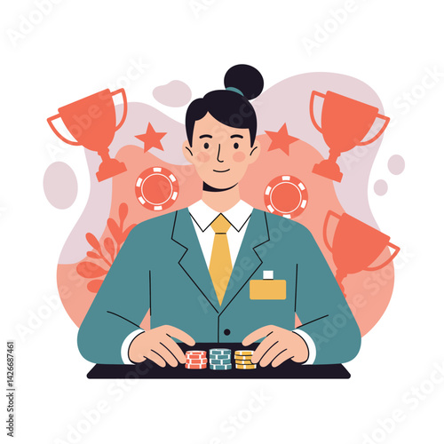 Woman playing casino poker game with chips and trophy prizes in background vector illustration 