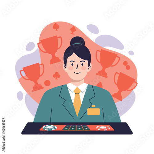 Casino dealer woman in green suit hosting poker game with trophy symbols and poker chips vector illustration 