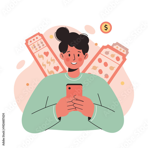 Young person using smartphone for online financial transactions with tall buildings in background vector illustration 
