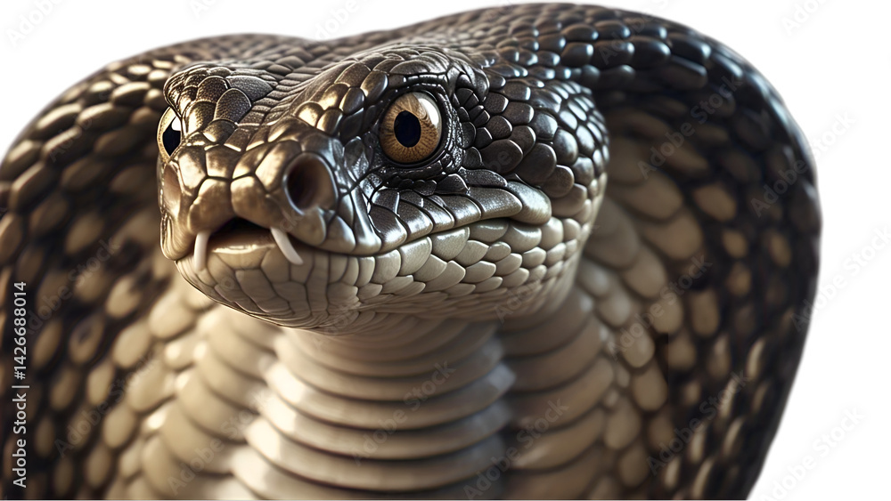 Fototapeta premium King Cobra Snake with Hood Spread – Striking Pose and Detailed Scales Isolated on White