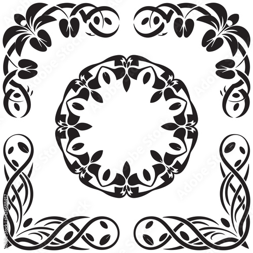 Set of hand drawn decorative curly borders in art nouveau style, Vector Black silhouettes. with white background