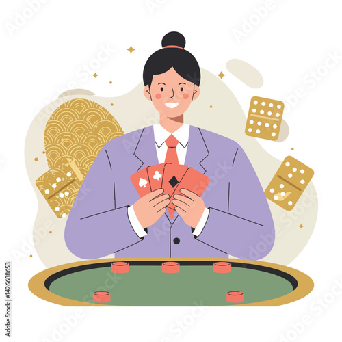 Woman playing poker cards at casino table with chips and dice vector illustration 