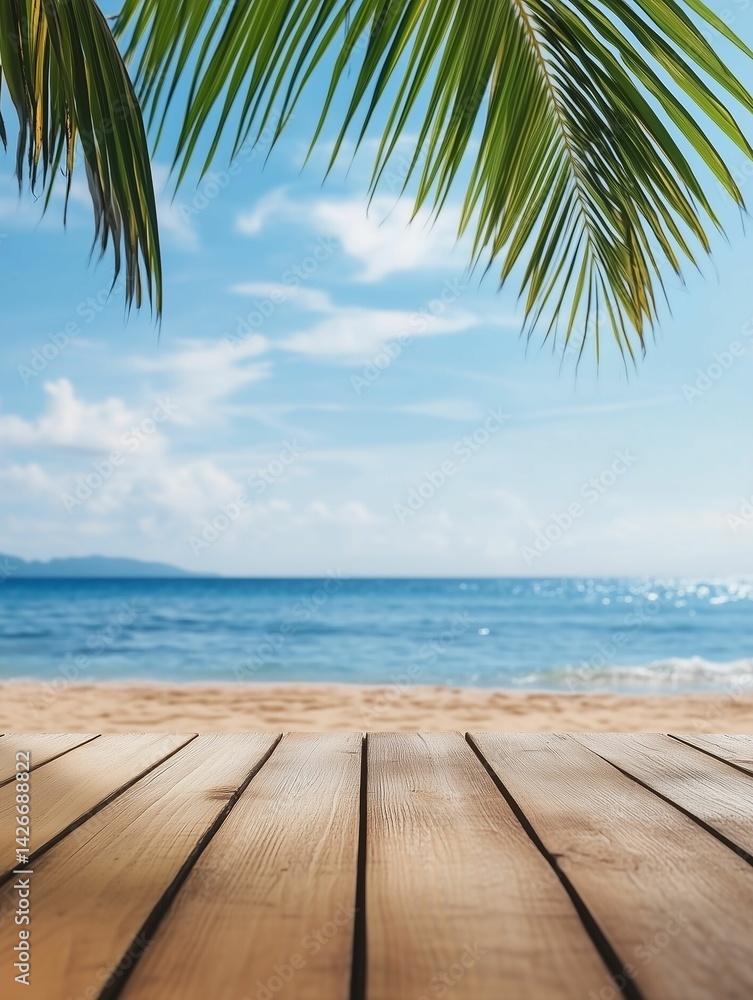 Fototapeta premium A wooden table top rests empty, providing a perfect viewpoint of a tranquil tropical beach. Gentle waves lap against the shore under a bright blue sky.