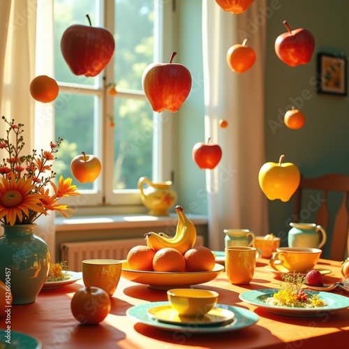 Obraz na płótnie colorful levitating fruits display over vibrant table setting bright dishes lively decor, dining, lemon, orange, apple, banana, bowl, plate, tablecloth w salonie