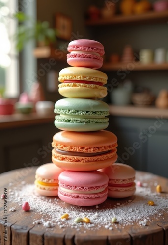 Obraz na płótnie colorful macaron tower delicious pastry sweet treats rustic wooden table display desserts bakery confectionery, input, artisan, pastries, festive, gourmet w salonie