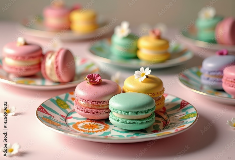 colorful macarons arrayed vibrant patterned plates textures shapes dessert delight, sweet, food, pastry, sugar, confectionery, almond, cream, frosting