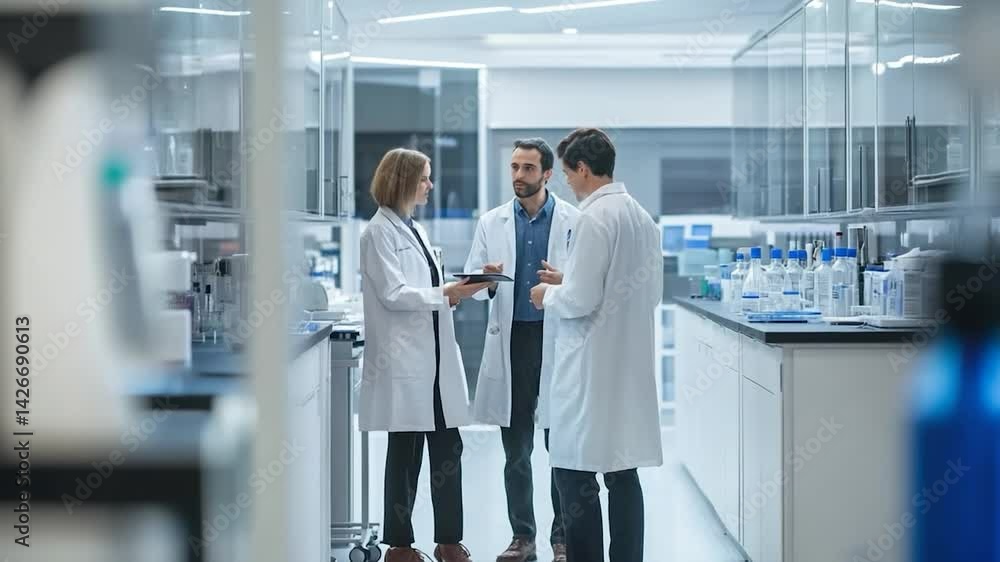 Three scientists discussing research findings in a modern laboratory Three scientists discussing research findings in a modern laboratory