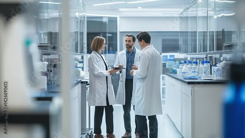 Three scientists discussing research findings in a modern laboratory